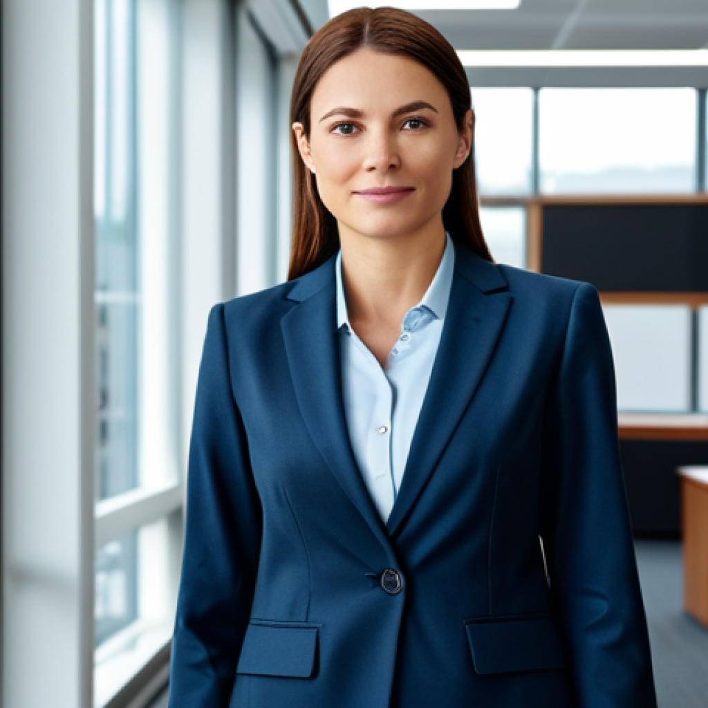 **

A professional businesswoman in a modest business suit, standing confidently in a modern office environment, fully clothed, appropriate attire, safe for work, perfect anatomy, natural proportions, professional photography, high quality, family-friendly.

**