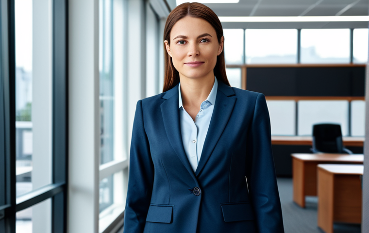 **

A professional businesswoman in a modest business suit, standing confidently in a modern office environment, fully clothed, appropriate attire, safe for work, perfect anatomy, natural proportions, professional photography, high quality, family-friendly.

**