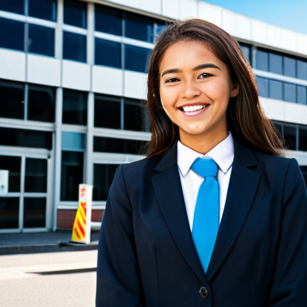A young professional, fully clothed in modest attire suitable for a government job interview, smiling confidently in front of a transport department building. The scene is bright and optimistic, conveying hope and career aspiration. Safe for work, appropriate content, perfect anatomy, natural pose, professional.