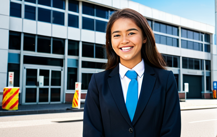 A young professional, fully clothed in modest attire suitable for a government job interview, smiling confidently in front of a transport department building. The scene is bright and optimistic, conveying hope and career aspiration. Safe for work, appropriate content, perfect anatomy, natural pose, professional.