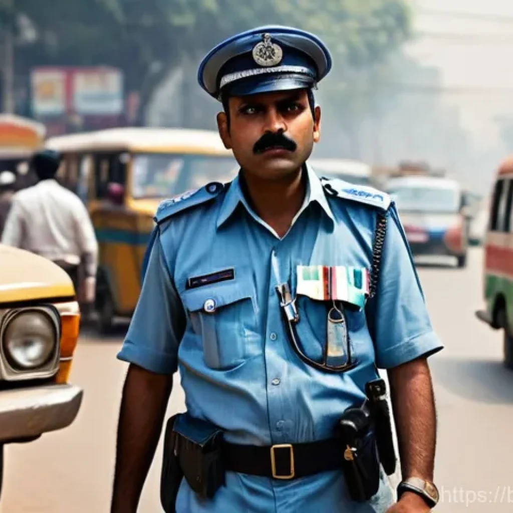교통직 업무와 관련된 도전 과제 - **Prompt:** A male Bengali traffic police officer, mid-shot, standing firmly in a bustling, dusty ci...