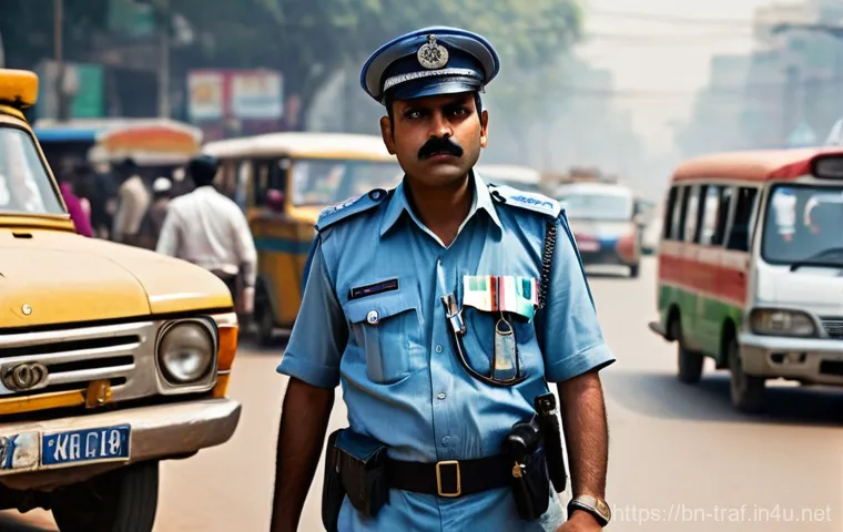 교통직 업무와 관련된 도전 과제 - **Prompt:** A male Bengali traffic police officer, mid-shot, standing firmly in a bustling, dusty ci...