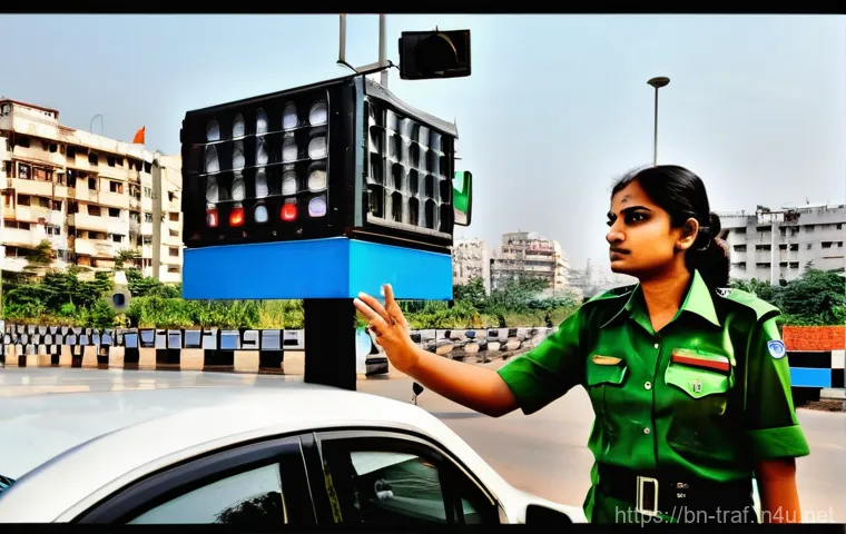 교통직 업무와 관련된 도전 과제 - **Prompt:** A male Bengali traffic police officer, mid-shot, standing firmly in a bustling, dusty ci...