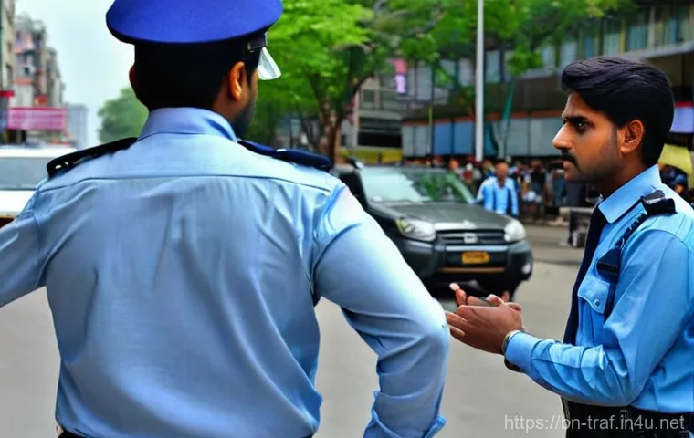 교통직 업무와 관련된 도전 과제 - **Prompt:** A female Bengali traffic police officer, standing in front of a modern but clearly malfu...