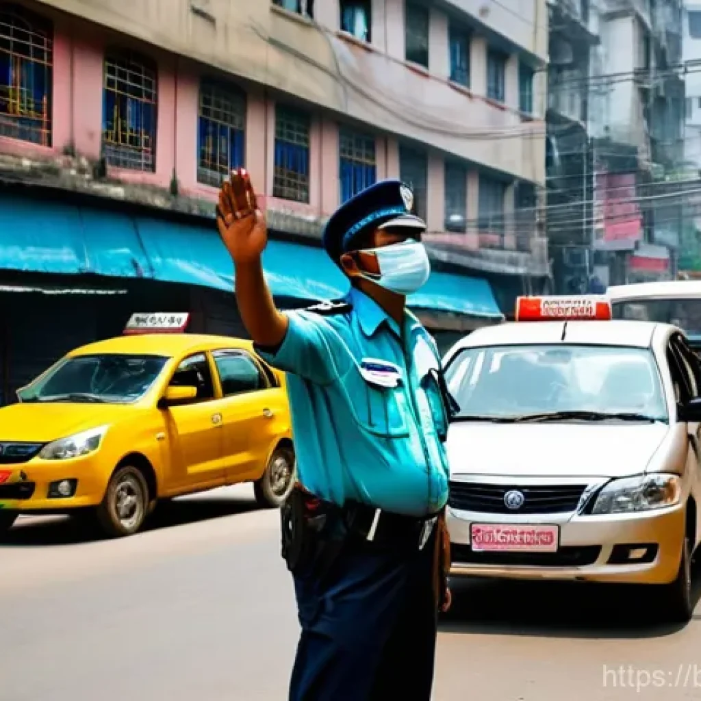 교통직 공무원의 일상 - **Prompt:** A Bangladeshi traffic police officer, mid-shot, stands resiliently at a busy intersectio...