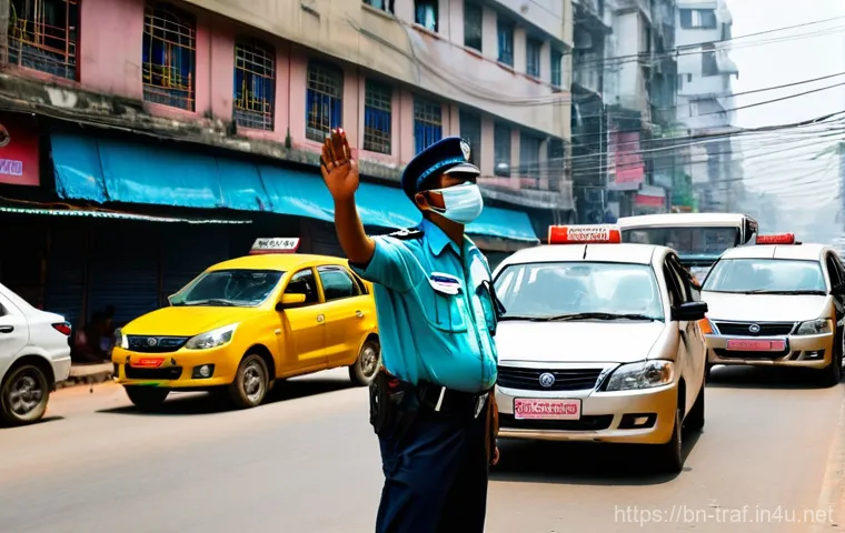 교통직 공무원의 일상 - **Prompt:** A Bangladeshi traffic police officer, mid-shot, stands resiliently at a busy intersectio...