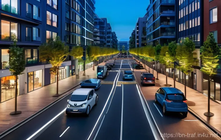 교통직 커리어의 장기적인 계획 - A vibrant, wide-angle shot of a futuristic, automated logistics fulfillment center at peak operation...