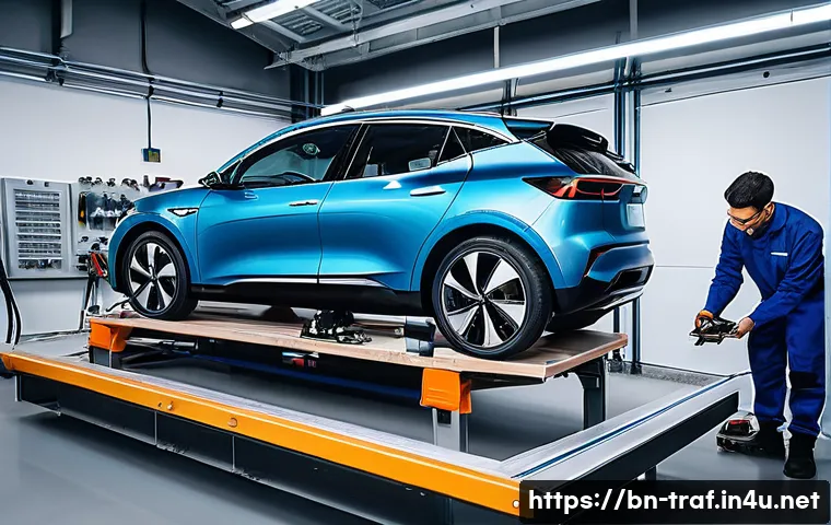 교통업계 이직 성공 사례 - **Prompt:** A vibrant, futuristic electric vehicle (EV) repair and training center. Diverse individu...