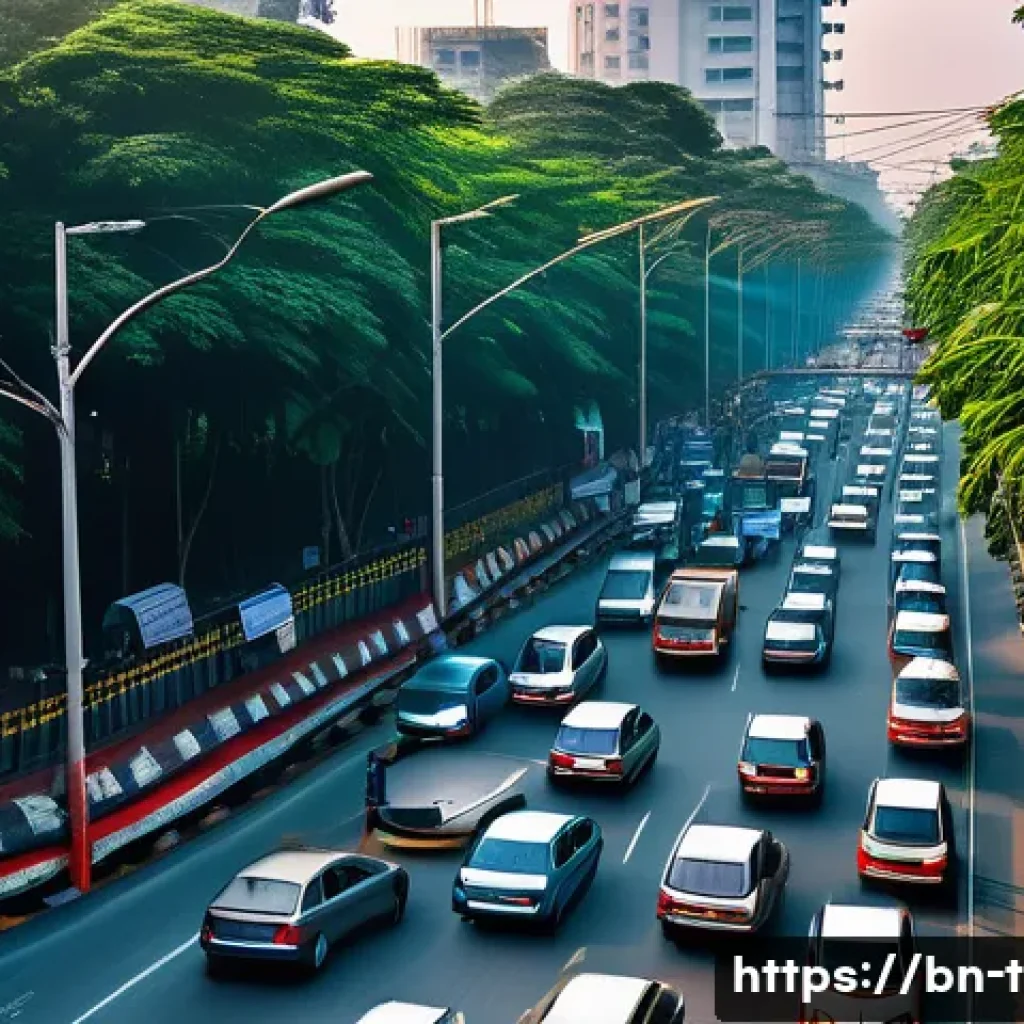 교통 관리 시스템 실무 활용 - A bustling urban intersection in Bangladesh equipped with smart traffic sensors including infrared, ...