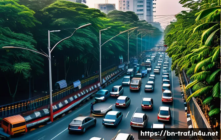 교통 관리 시스템 실무 활용 - A bustling urban intersection in Bangladesh equipped with smart traffic sensors including infrared, ...