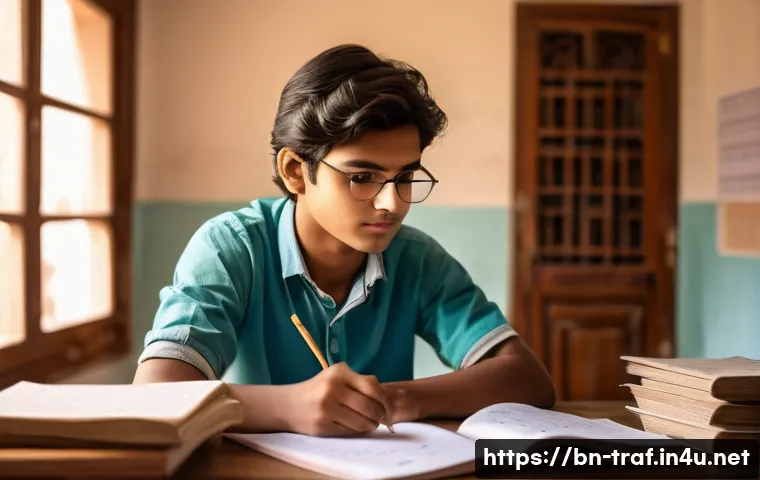 교통관련 자격증 실기시험 후기 - A focused Bengali student sitting at a wooden desk in a cozy study room, surrounded by textbooks and...