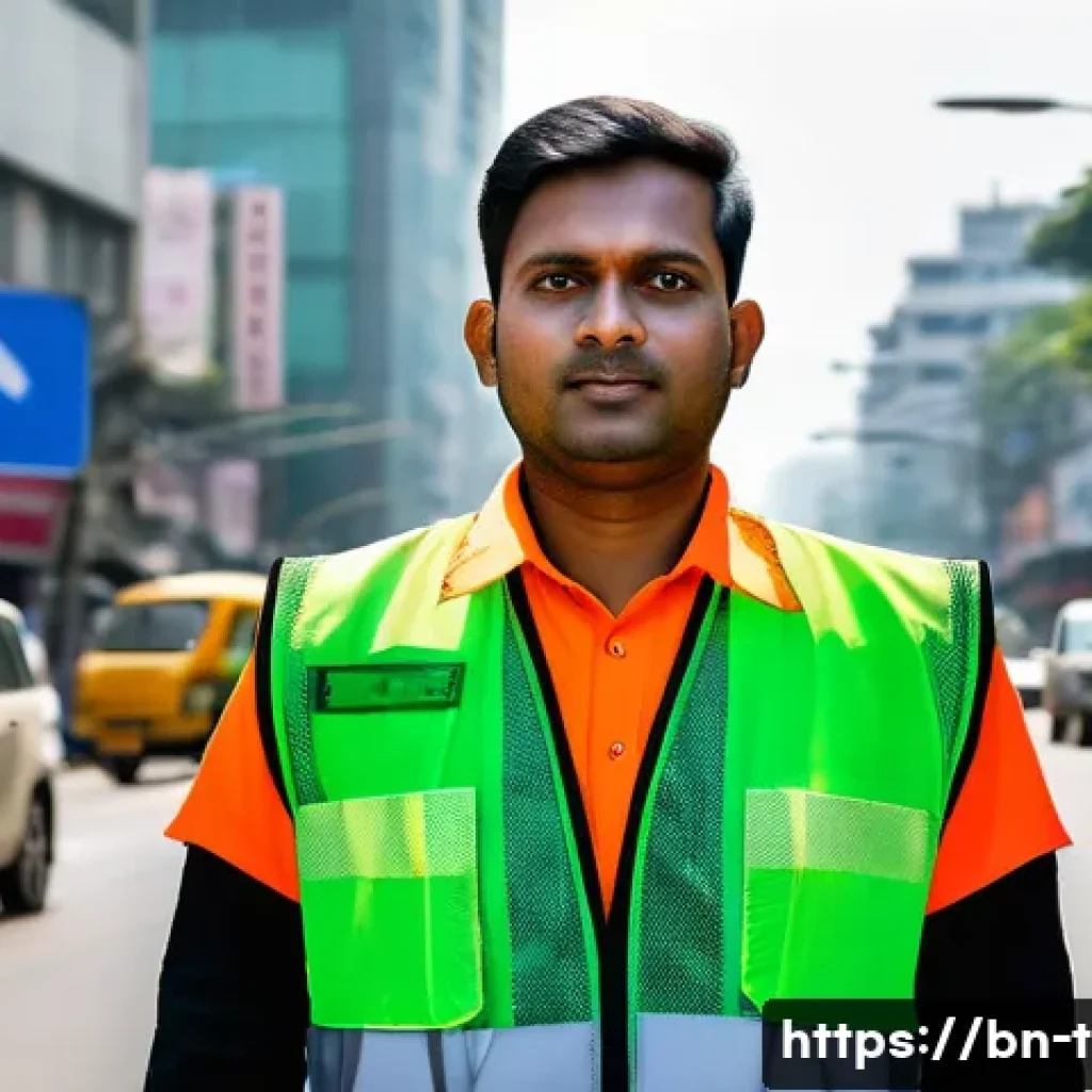 교통직 커리어 성공 사례 - A professional Bengali traffic service worker wearing a neatly pressed uniform and safety vest, atte...