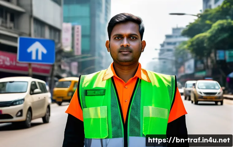 교통직 커리어 성공 사례 - A professional Bengali traffic service worker wearing a neatly pressed uniform and safety vest, atte...