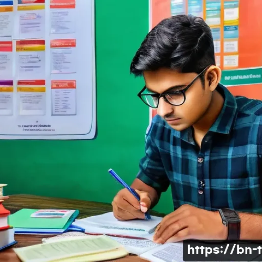 교통자격증 필기시험 준비 전략 - A detailed educational scene showing a Bengali young adult studying for a traffic license written ex...