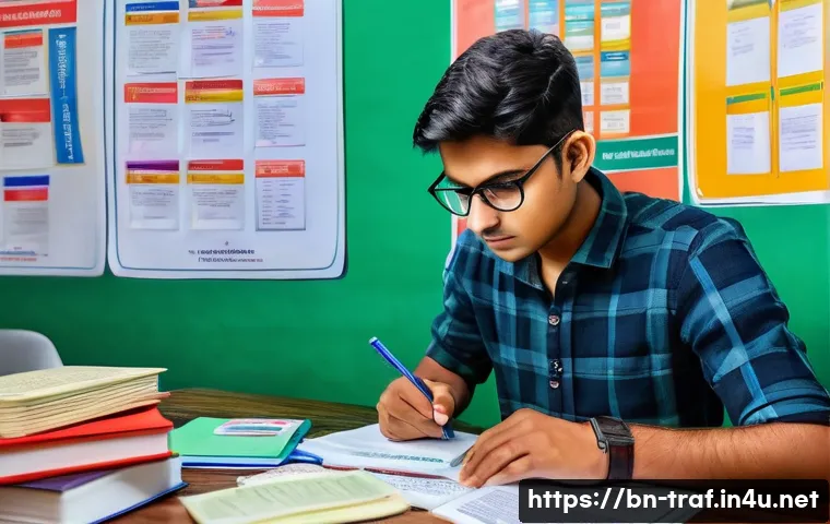 교통자격증 필기시험 준비 전략 - A detailed educational scene showing a Bengali young adult studying for a traffic license written ex...