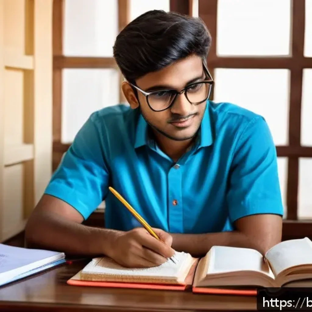 교통직 필기시험 커트라인 분석 - A focused Bengali male student studying at a wooden desk in a cozy room filled with textbooks and no...