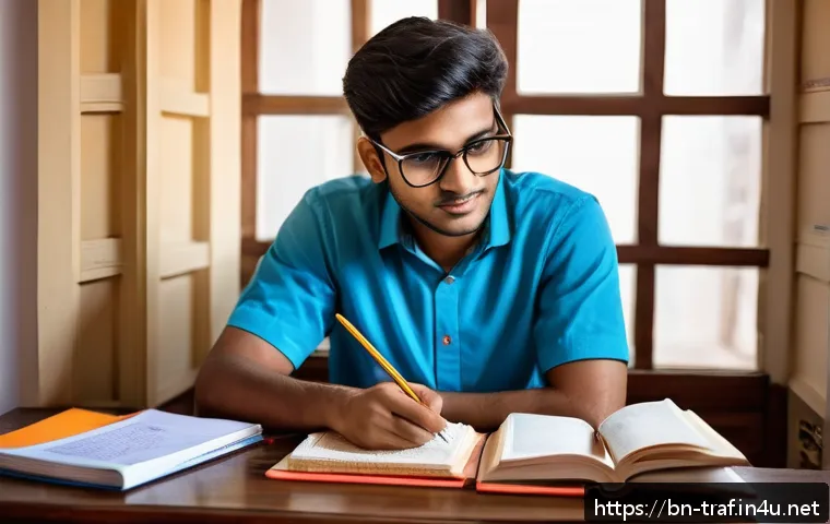 교통직 필기시험 커트라인 분석 - A focused Bengali male student studying at a wooden desk in a cozy room filled with textbooks and no...