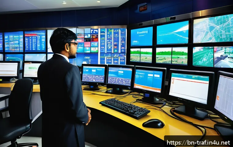 교통 관련 업종과 자격증의 상관성 - A detailed scene of a modern traffic control room in Bangladesh, showing a diverse group of professi...