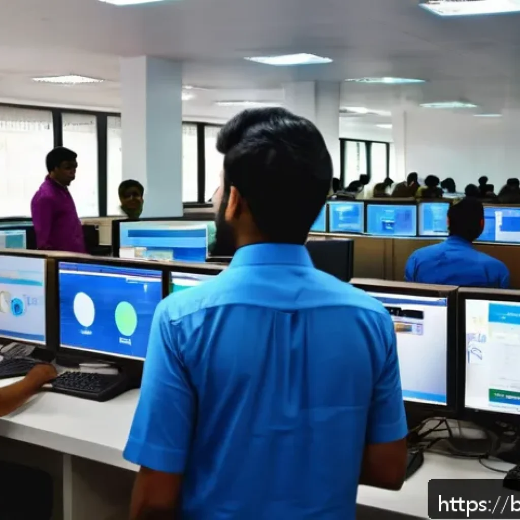 교통직 실무에서 발생하는 주요 이슈 - A modern traffic office in Bangladesh bustling with diverse employees interacting with digital syste...