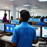 Home 18 교통직 실무에서 발생하는 주요 이슈 - A modern traffic office in Bangladesh bustling with diverse employees interacting with digital syste...