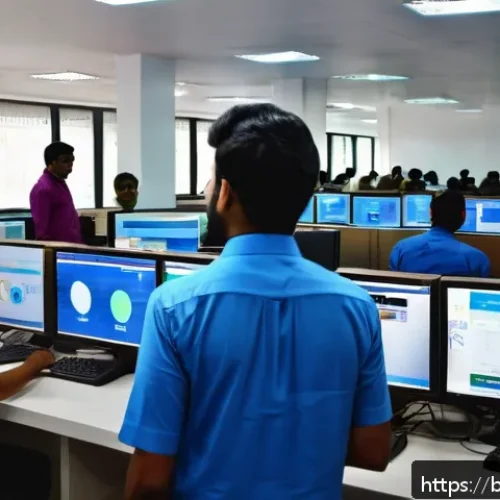 Home 30 교통직 실무에서 발생하는 주요 이슈 - A modern traffic office in Bangladesh bustling with diverse employees interacting with digital syste...
