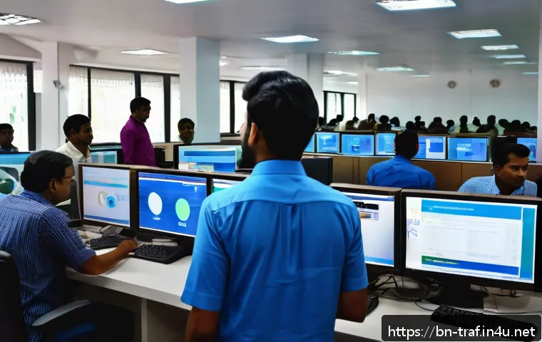 교통직 실무에서 발생하는 주요 이슈 - A modern traffic office in Bangladesh bustling with diverse employees interacting with digital syste...
