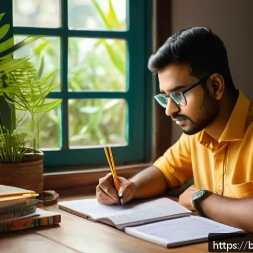 Home 17 교통직 공무원 시험 성공 전략 - A focused Bengali student sitting at a traditional wooden desk in a cozy study room filled with book...