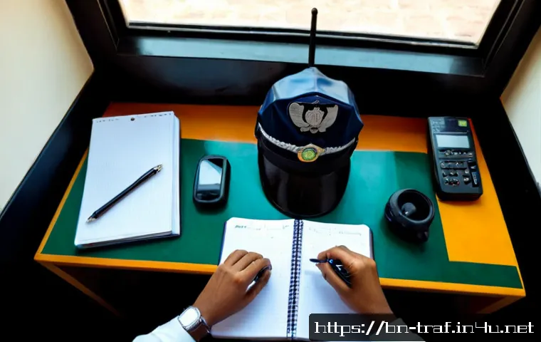 교통직 업무일지 작성 예시 - Photorealistic overhead view of a Bangladeshi traffic police officer’s tidy desk, hands writing a da...